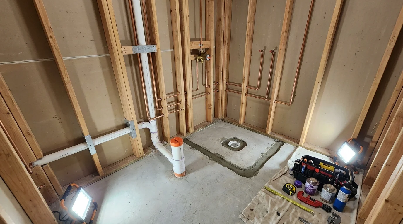 Bathroom rough-in plumbing during remodel by Johns Plumbing LLC in Stockdale
