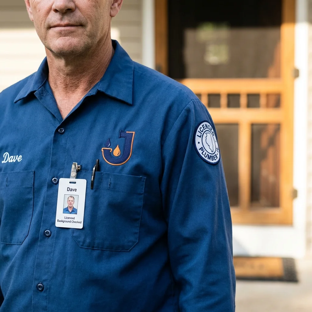Licensed plumber showing ID badge in Stockdale, TX
