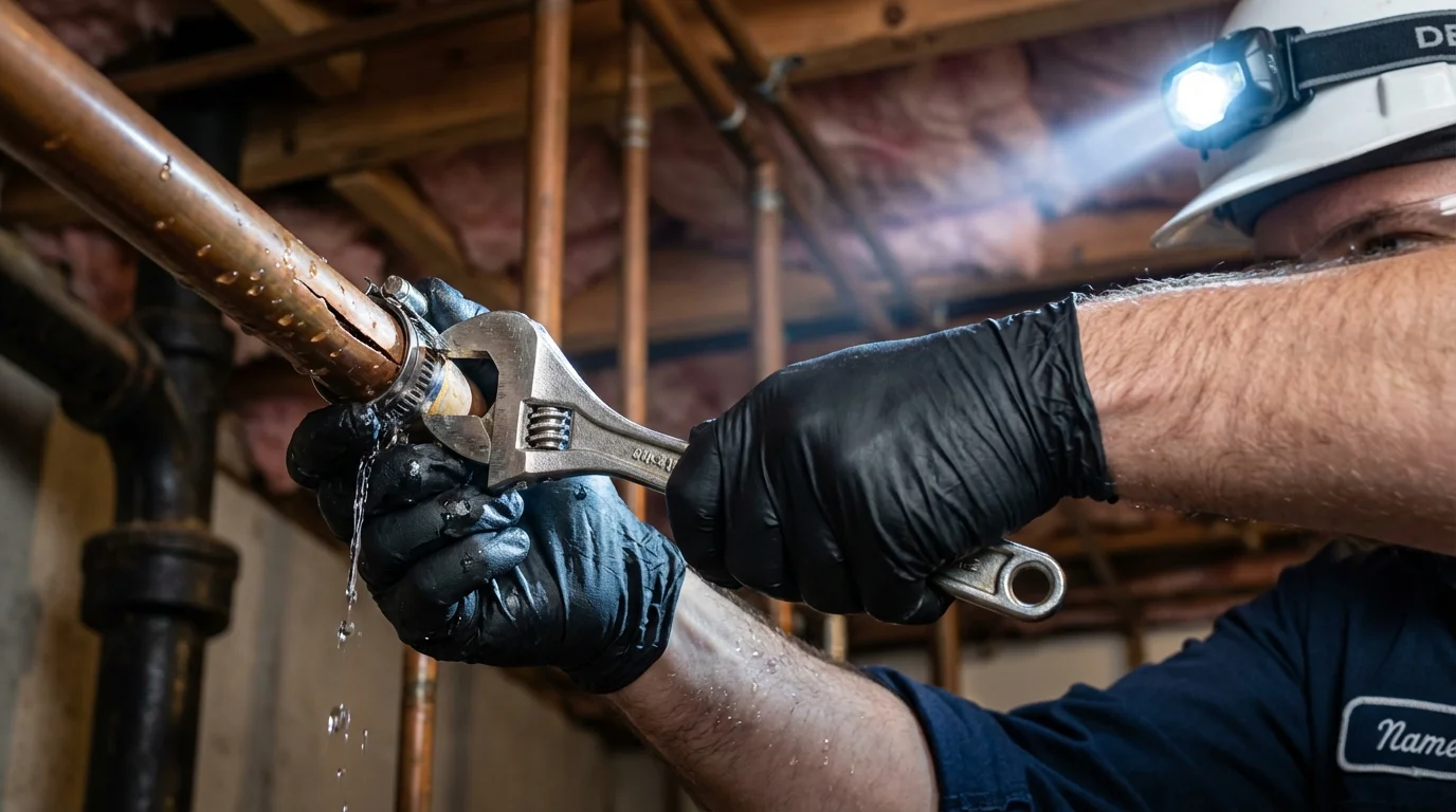 Emergency pipe clamp repair being performed by a Johns Plumbing LLC plumber in Stockdale