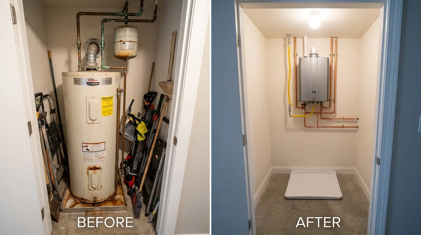 Tank water heater versus wall-mounted tankless unit comparison for Stockdale, TX homeowners