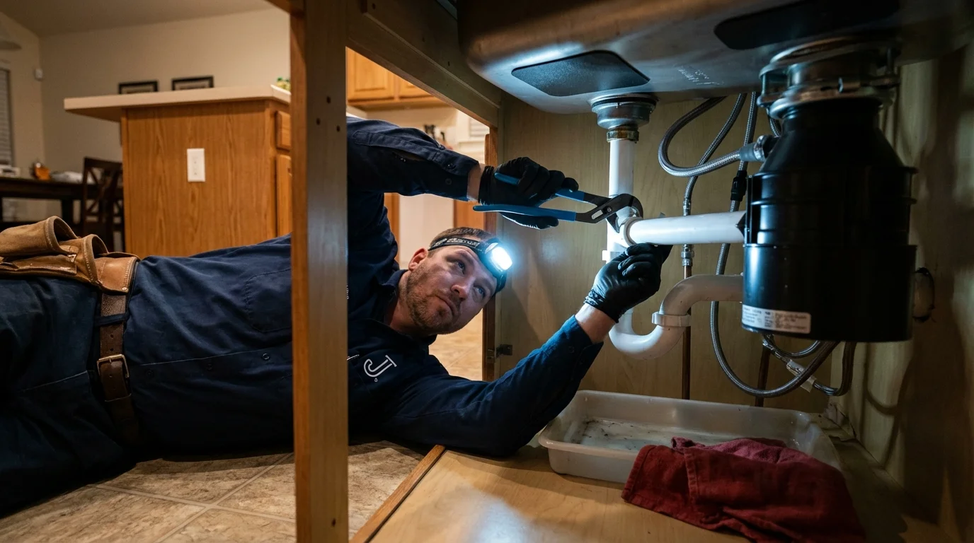 P-trap and supply line connections under a kitchen sink showing a common leak point in Stockdale, TX